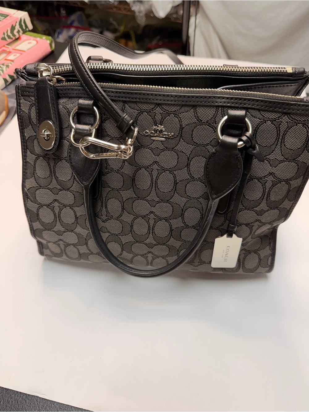 Coach Monogram Jacquard Satchel in Charcoal and Black